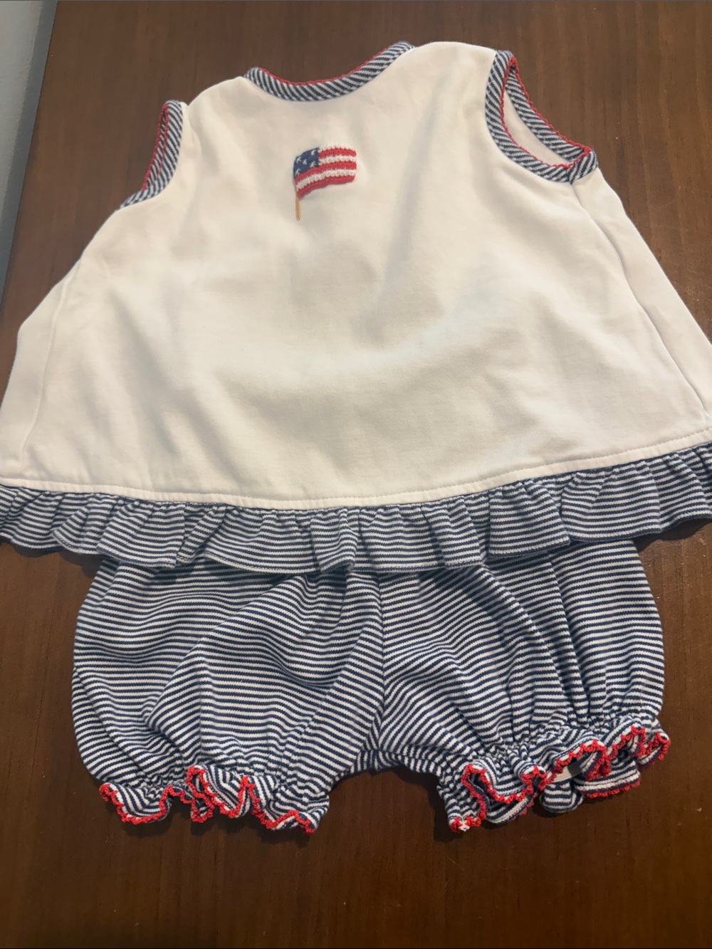 Petit Bebe Girls' White & Navy Patriotic Ruffle  Knit Set with Red Trim